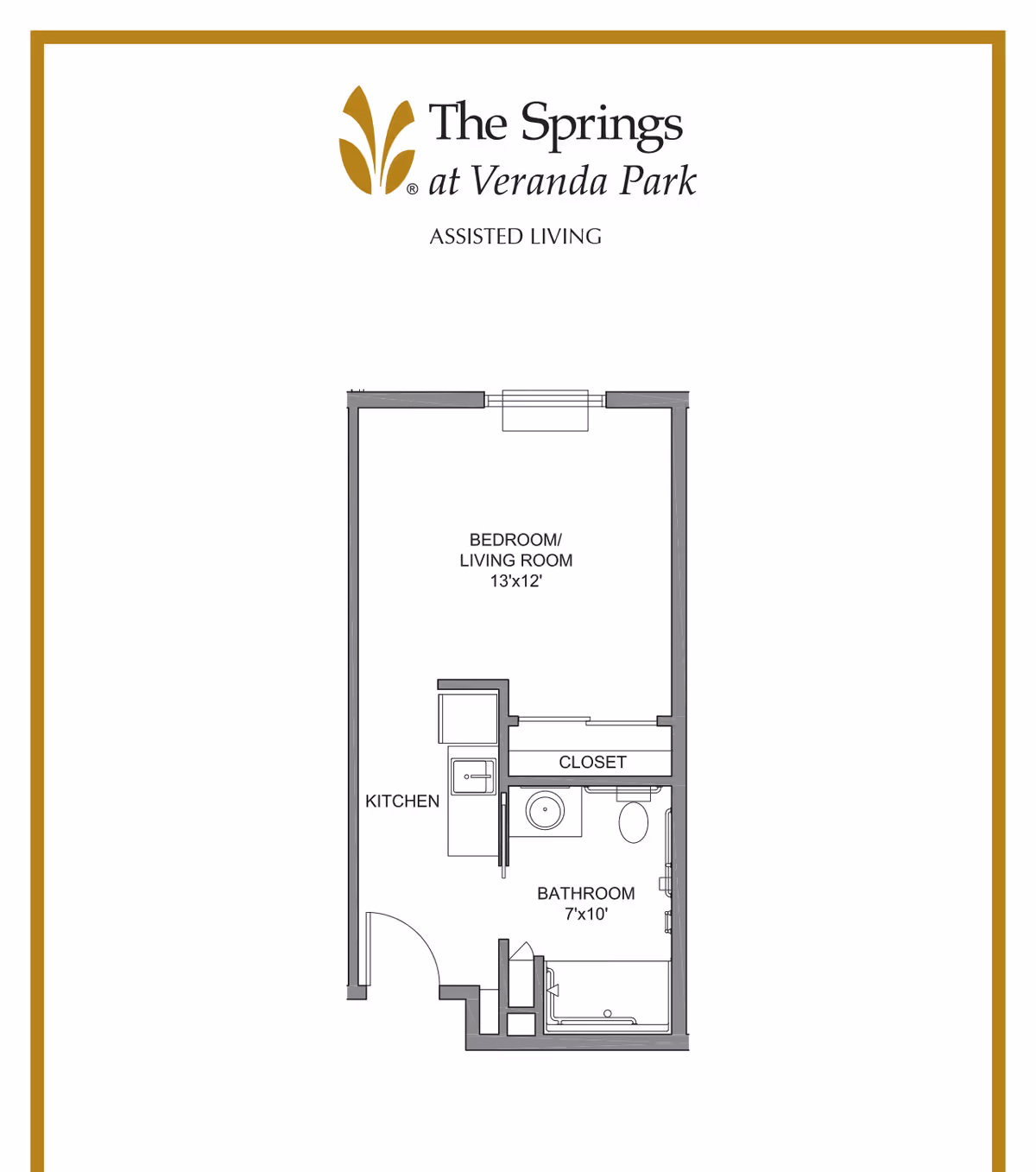 Floor plan of an assisted living unit at The Springs at Veranda Park showing a combined bedroom and living room area measuring 13 by 12 feet, a kitchen area, a closet, and a bathroom measuring 7 by 10 feet.
