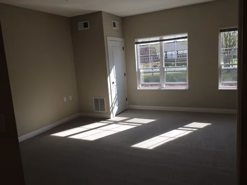 Empty room with beige walls and carpeted floor, featuring a white door and two windows letting in sunlight that casts rectangular shadows on the floor.