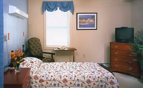 A small bedroom with floral bedspread, dresser, TV, desk, chair, window, and potted plant.