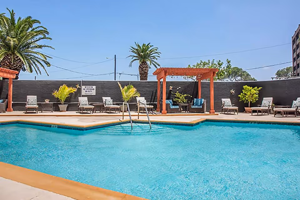 Outdoor swimming pool with lounge chairs, a pergola seating area, palm trees and clear blue sky.