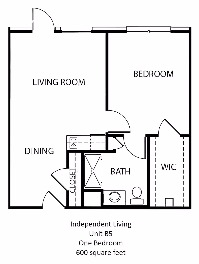 Floor plan of an independent living unit B5 at The Waterford on Huebner, showing a one-bedroom layout with a living room, dining area, bathroom, walk-in closet, and closet, totaling 600 square feet.