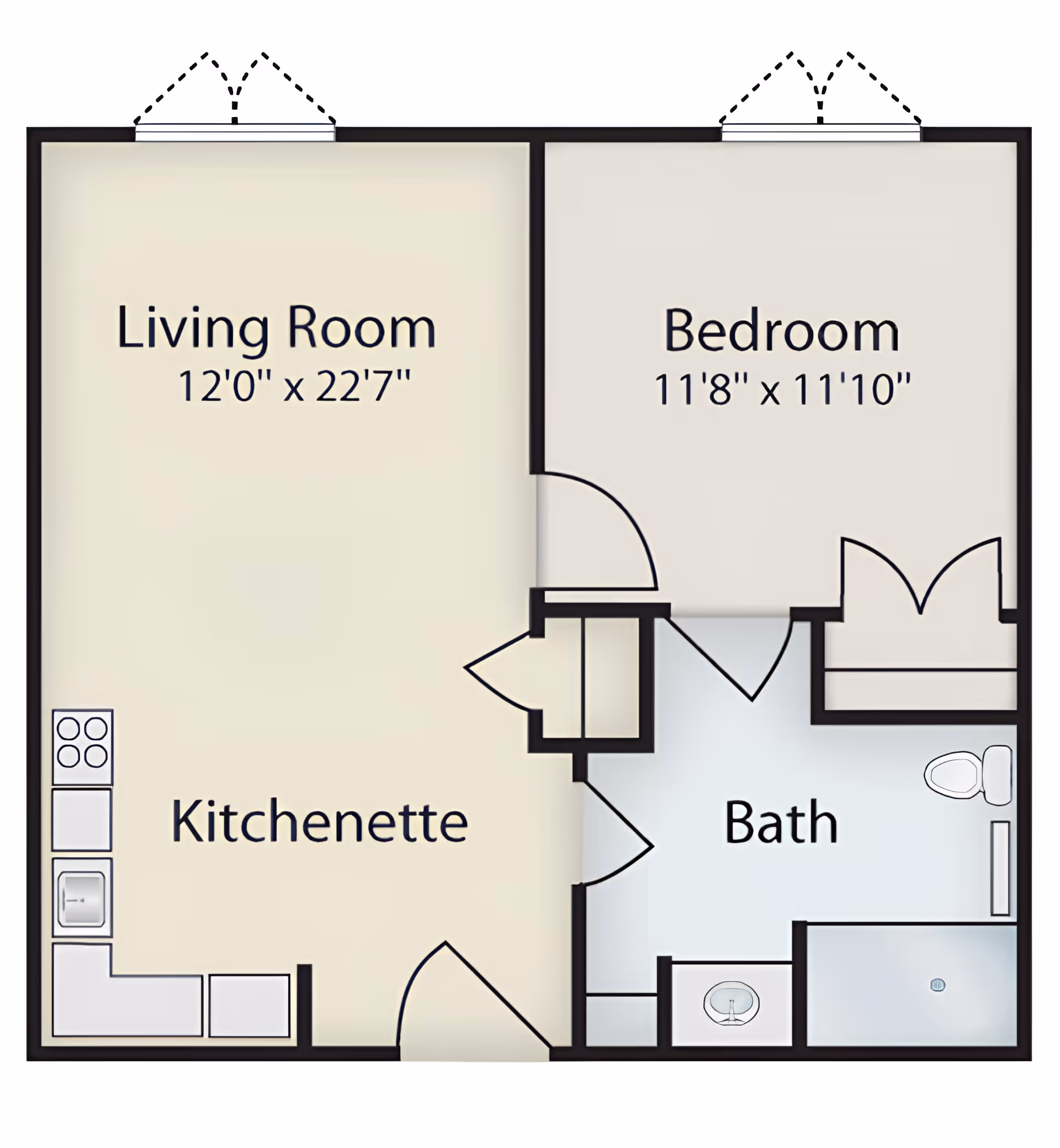 Floor plan of a senior living unit at Commonwealth Senior Living At Eastern Shore showing a living room with kitchenette, a bedroom, and a bathroom. The living room measures 12 feet by 22 feet 7 inches, the bedroom measures 11 feet 8 inches by 11 feet 10 inches, and the bathroom includes a toilet, sink, and shower.