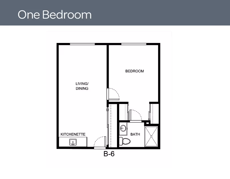 Floor plan layout of a one-bedroom unit at Holiday Lone Oak, showing a living/dining area with kitchenette, a separate bedroom, and a bathroom with a toilet, sink, and shower.