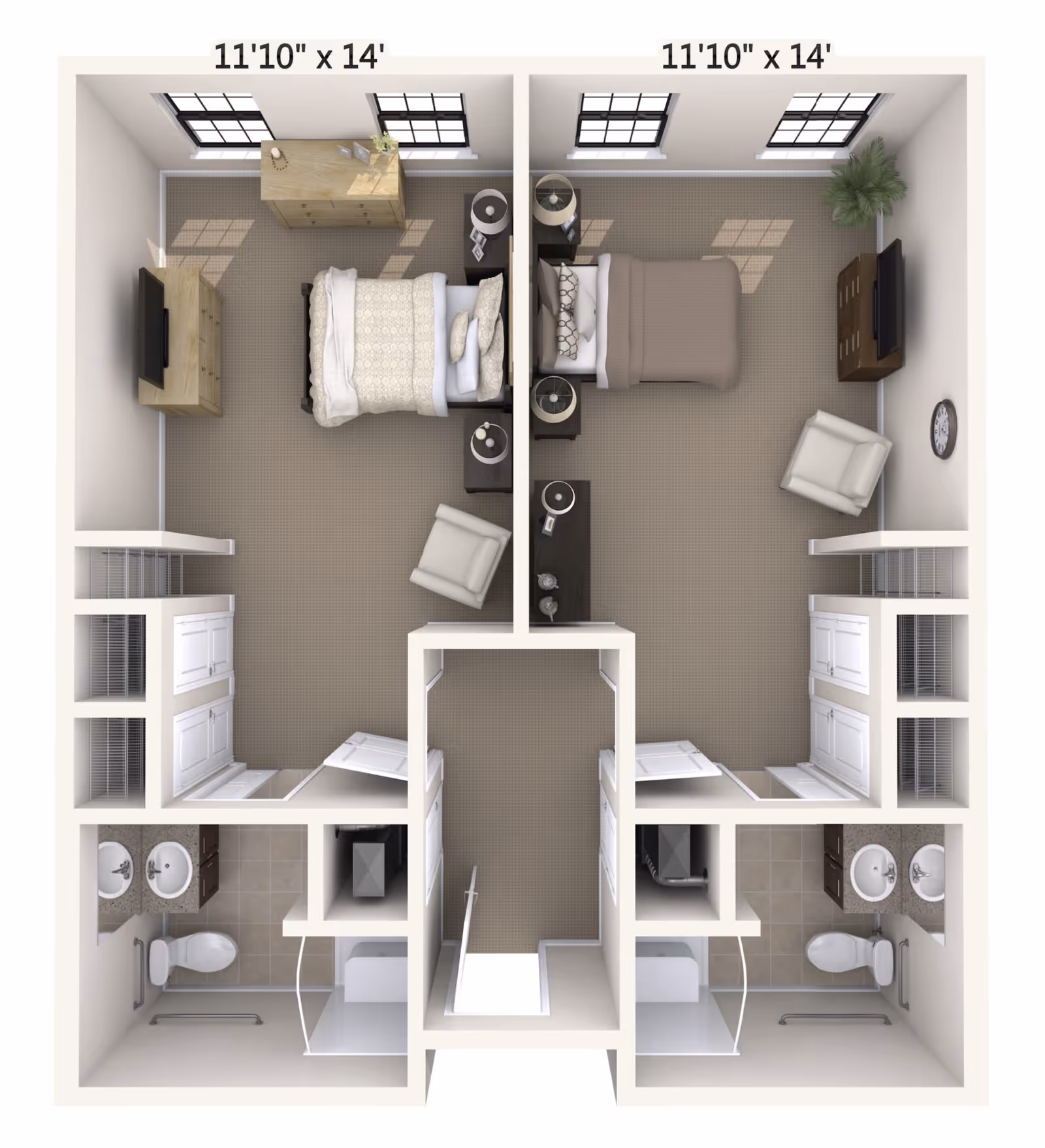 Top-down view of a floor plan showing two adjacent bedrooms, each measuring 11'10" x 14'. Each bedroom contains a bed, nightstands with lamps, a dresser with a TV, a chair, and a closet. Both bedrooms have windows letting in natural light. Below the bedrooms are two bathrooms, each with a toilet, double sinks, and a shower. A central hallway connects the rooms.