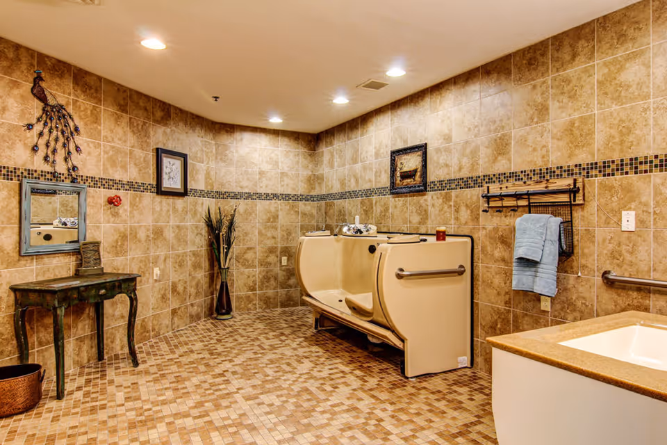 Spacious tiled accessible bathroom featuring a beige walk-in bathtub with grab bars, a sink, towel rack, and decorative furnishings.