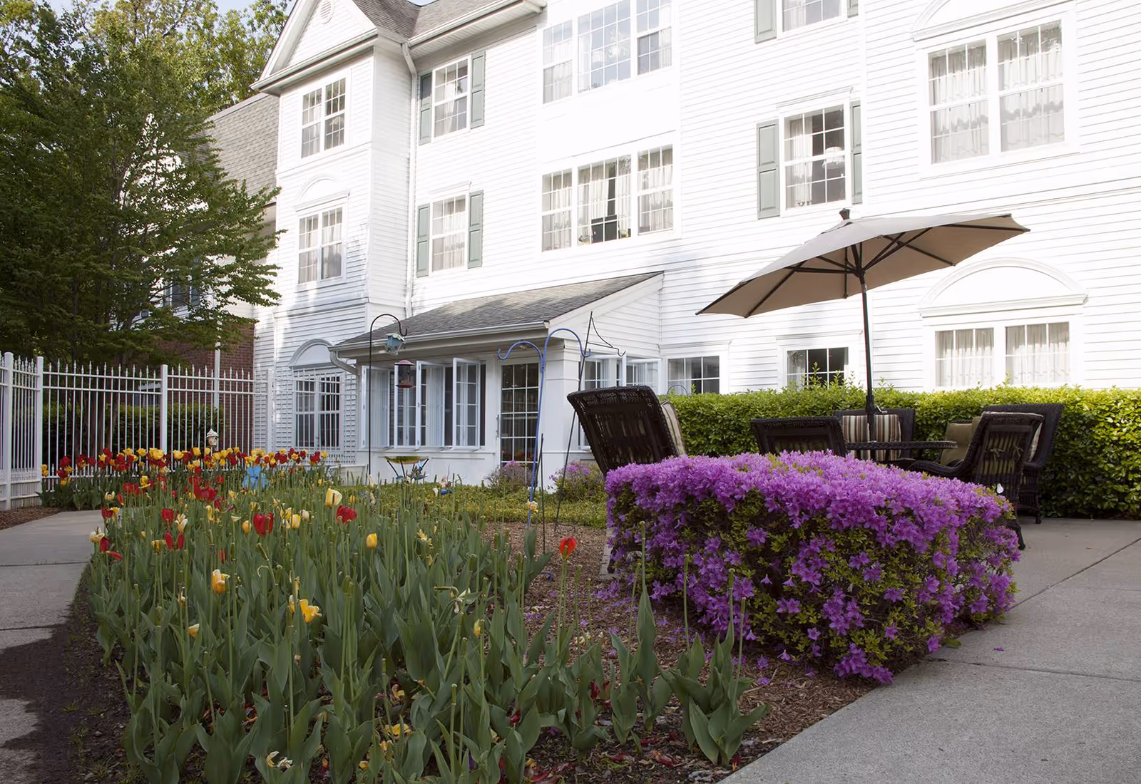 Outdoor patio area at Brighton Gardens of Saddle River featuring a white multi-story building in the background, a garden with red and yellow tulips, a bush with purple flowers, patio chairs, a table, and a large beige umbrella.