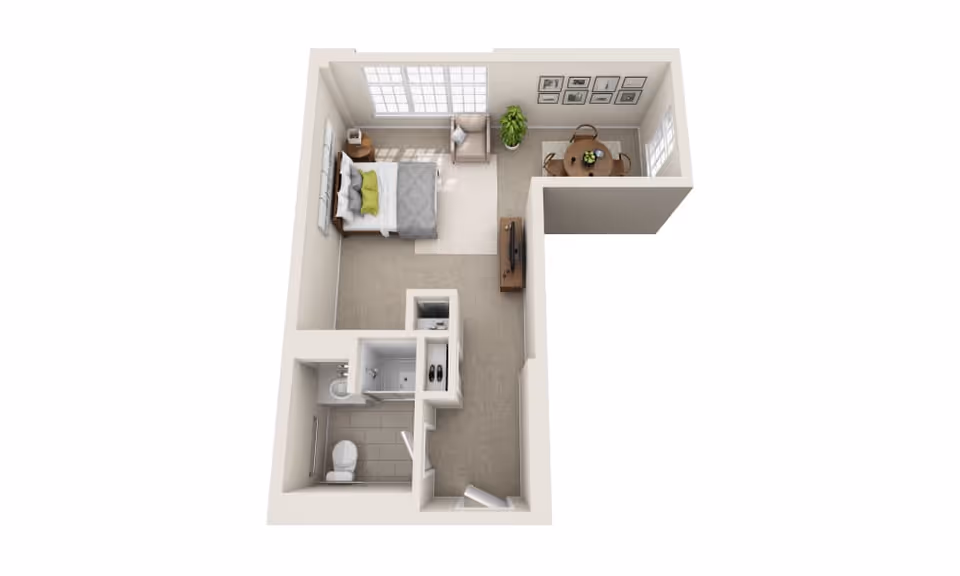 3D floor plan of a small apartment featuring a bedroom with a bed, nightstand, and chair near large windows, a living area with a TV and round dining table with chairs, and a bathroom with a toilet and shower.