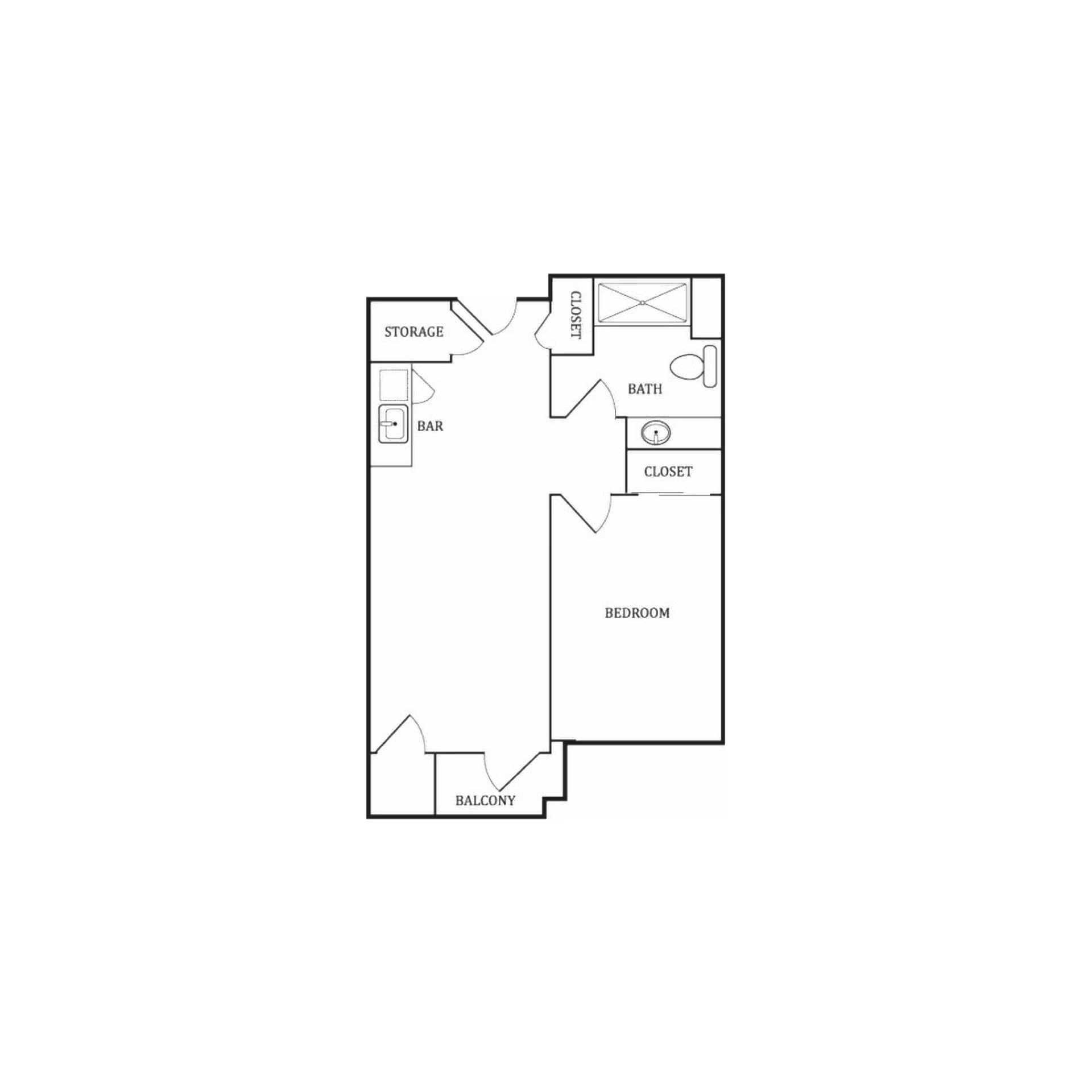 Architectural floor plan of a one-bedroom apartment unit showing labeled areas including bedroom, bath, closet, storage, bar, and balcony.