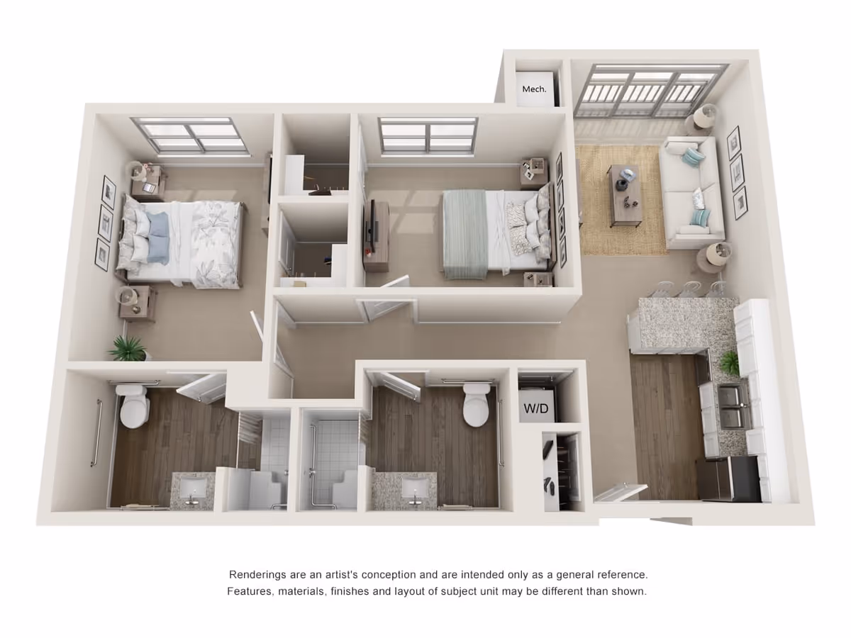 3D floor plan of a two-bedroom apartment featuring two bedrooms with beds and nightstands, two bathrooms, a kitchen with an island and bar stools, a living room with a sofa and coffee table, and a washer/dryer area. The layout includes windows in the bedrooms and living room, and a balcony accessible from the living room.