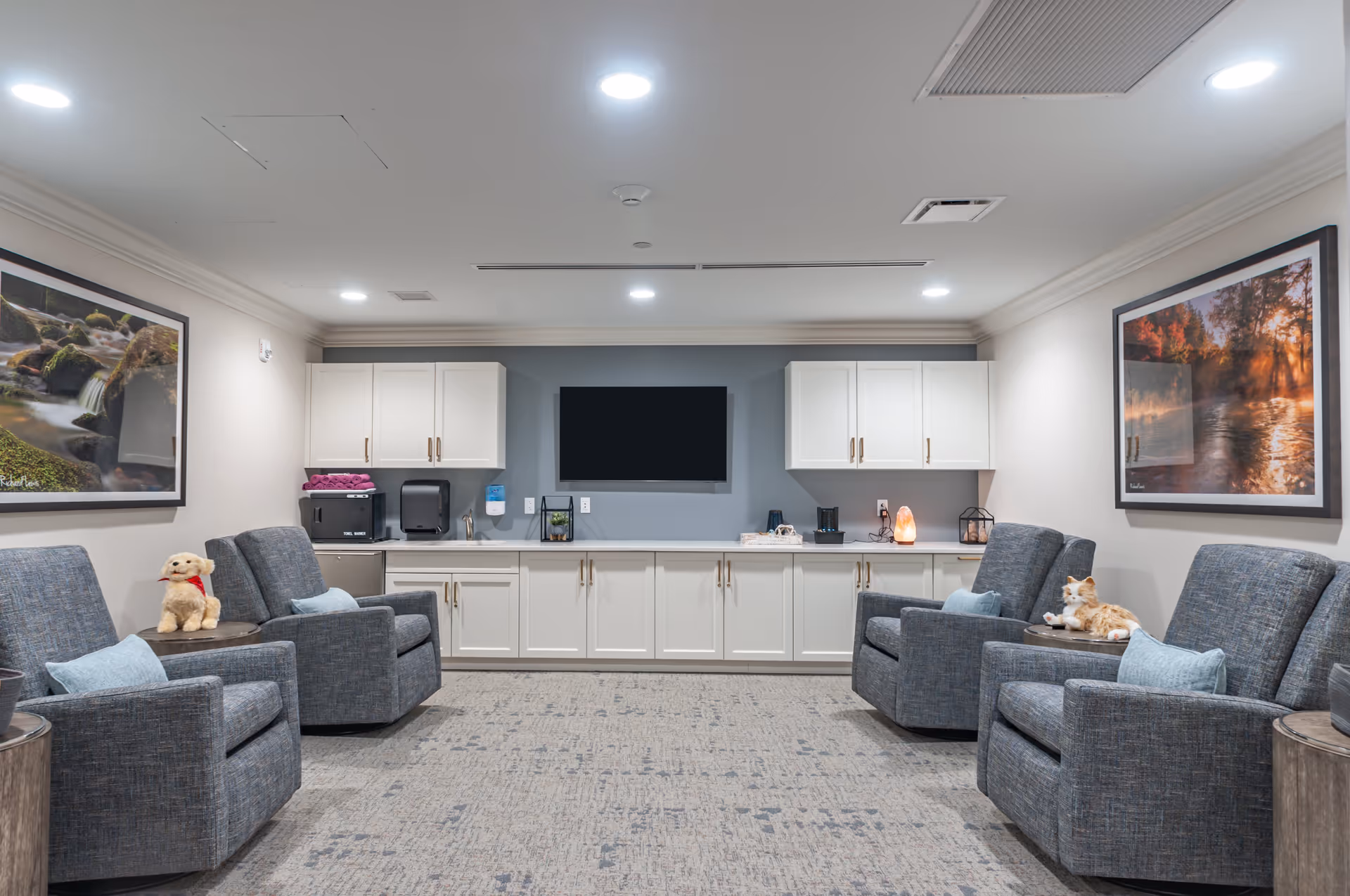 Communal lounge with gray recliners, side tables with plush toys, a wall-mounted TV, and white cabinetry.