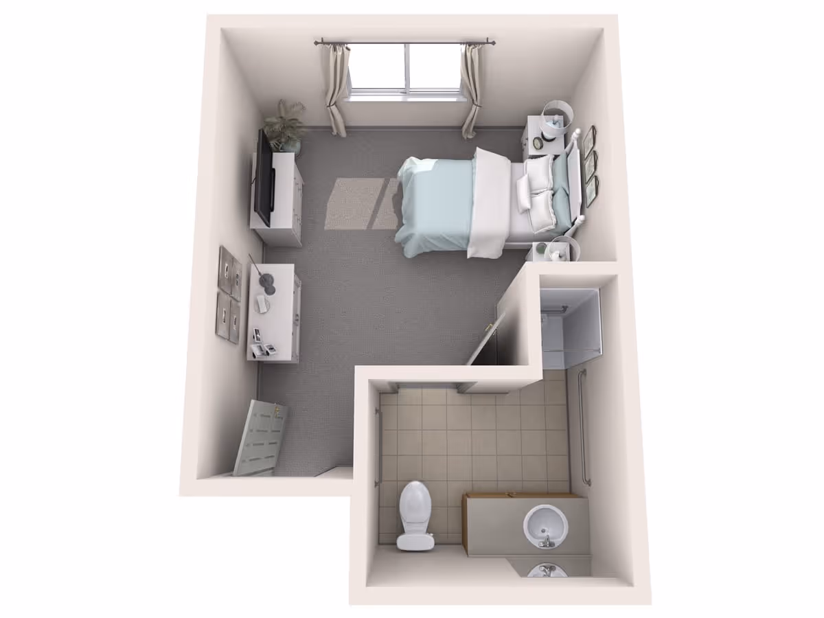 3D floor plan of a small senior living unit featuring a bedroom with a bed, nightstands, a TV on a stand, a dresser, and a window with curtains. The unit also includes a bathroom with a toilet, sink, and shower.