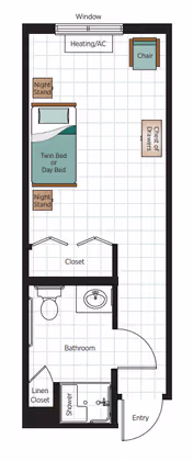 Floor plan of a senior living unit showing an entry leading to a bathroom with a shower, toilet, sink, and linen closet. The main room includes a twin or day bed with two night stands, a closet, a chair, and a chest of drawers. A window and heating/AC unit are located at the far end of the room.