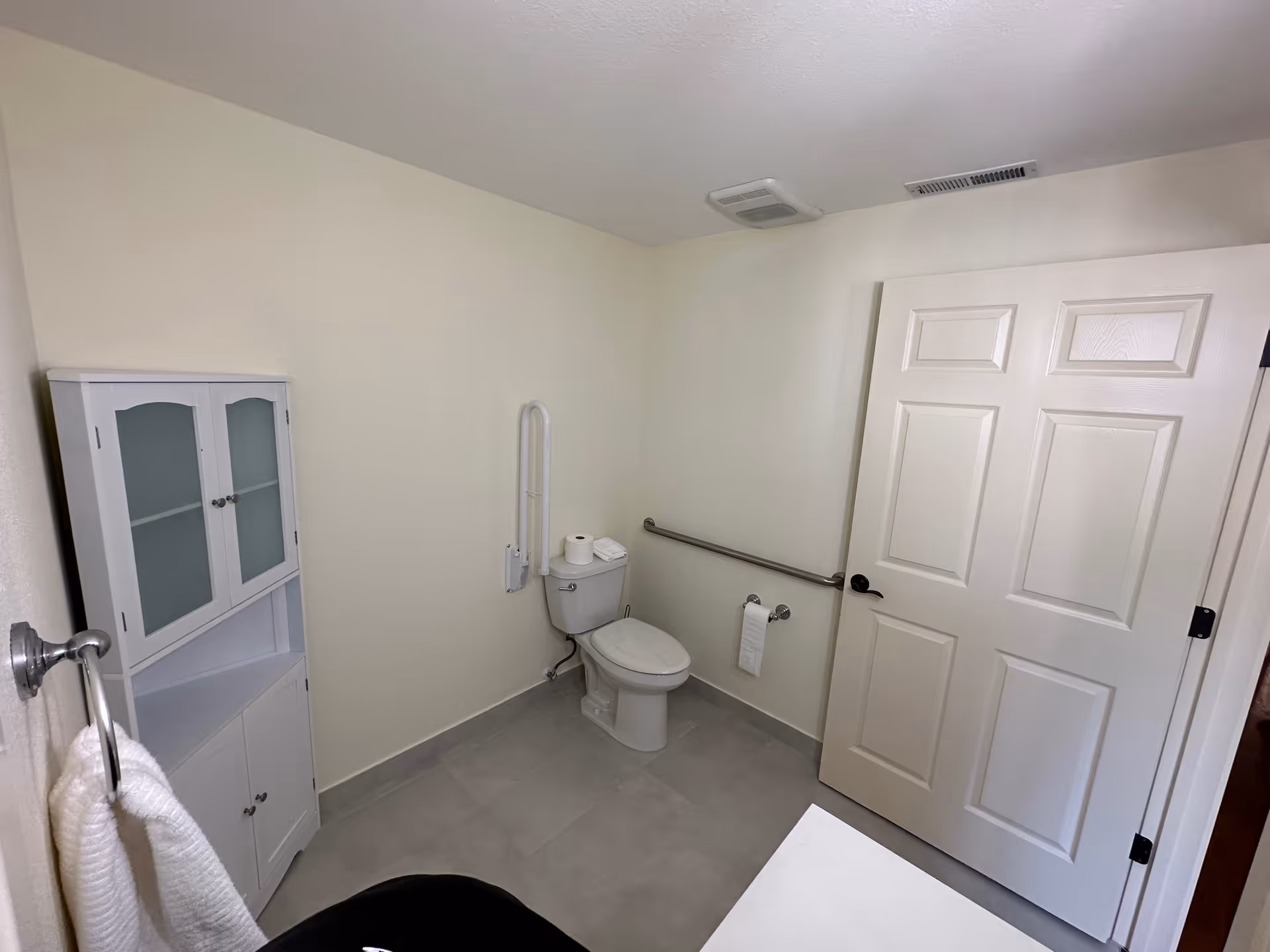 A clean, accessible bathroom with a white toilet, grab bars on the wall, a white cabinet with frosted glass doors, a towel hanging on a ring, and a partially open white door.