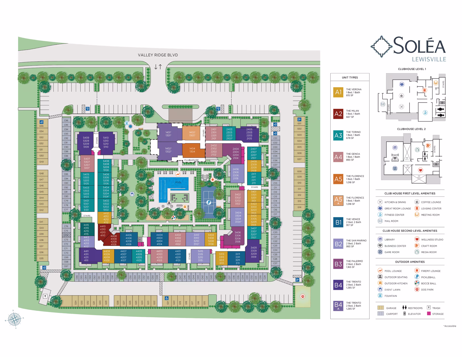 Color-coded site map of the Soléa Lewisville senior living community showing building layouts, pool, parking, and a legend of unit types and amenities.