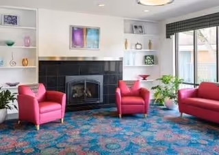 A cozy living room with two pink armchairs and a pink sofa arranged around a black fireplace. The room has built-in white shelves with decorative items, a colorful patterned carpet, and a large window with a green valance letting in natural light.