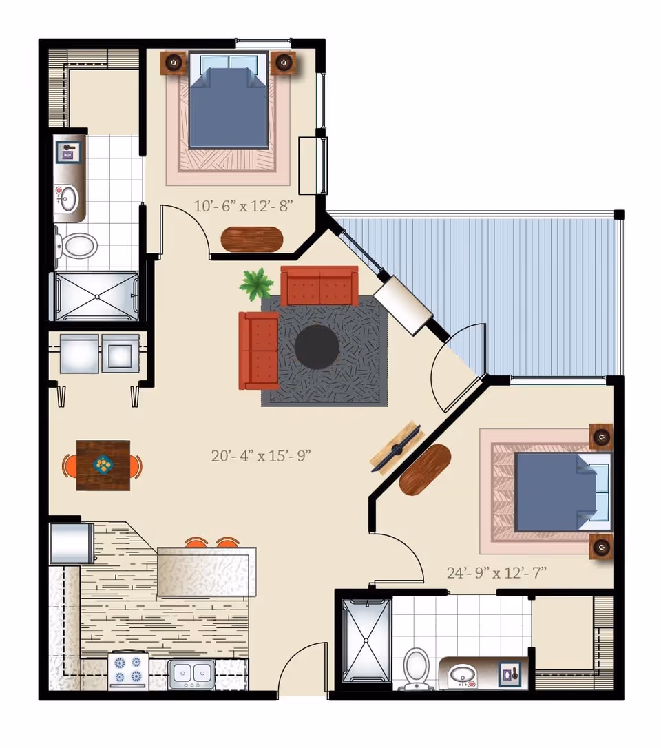Floor plan of an apartment at Bonaventure of Thornton showing two bedrooms, two bathrooms, a kitchen, a dining area, a living room, and a balcony.