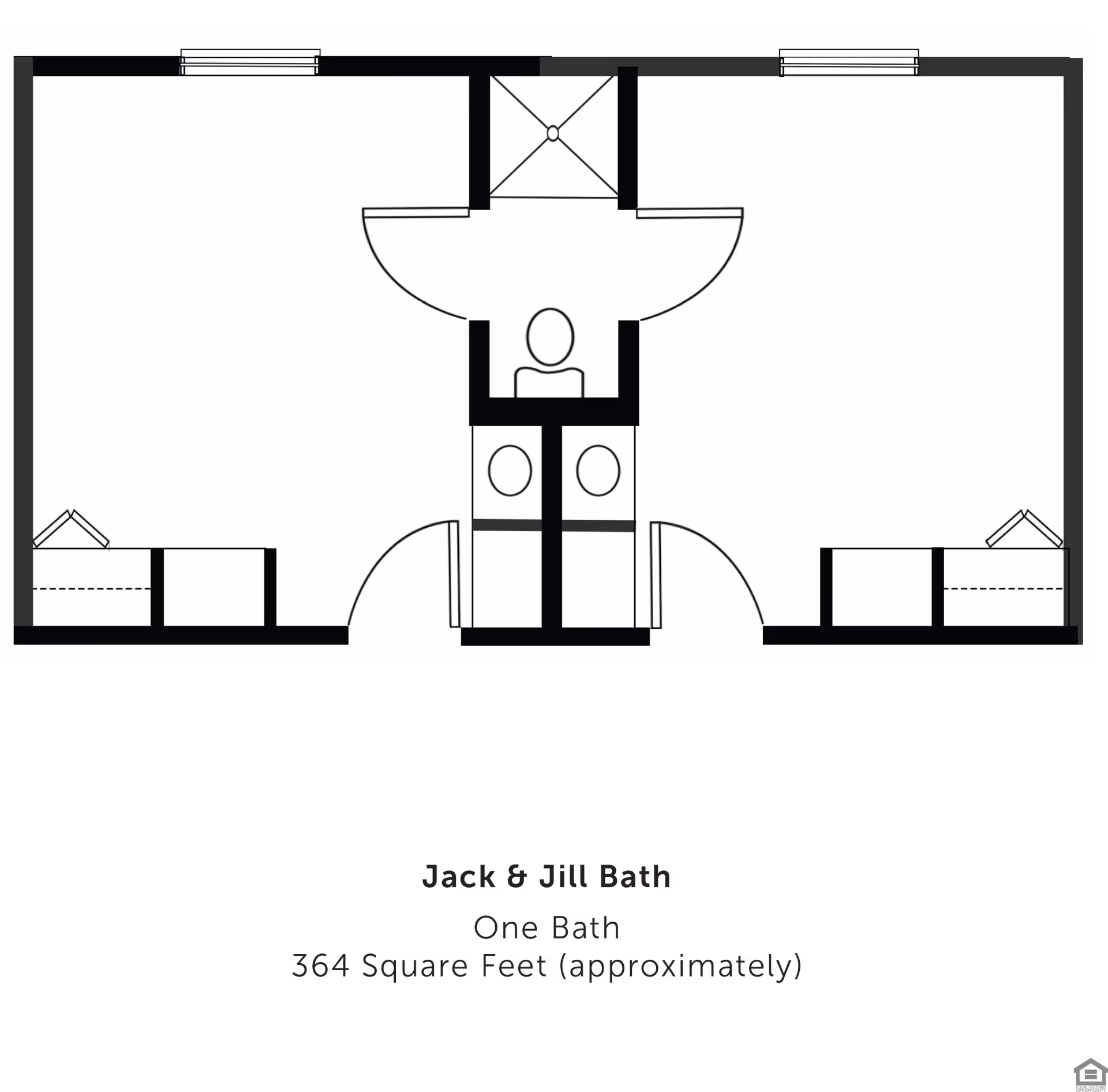 Black-and-white floor plan diagram showing a Jack-and-Jill bathroom with two sinks, a central toilet/shower area, and two connecting bedrooms.