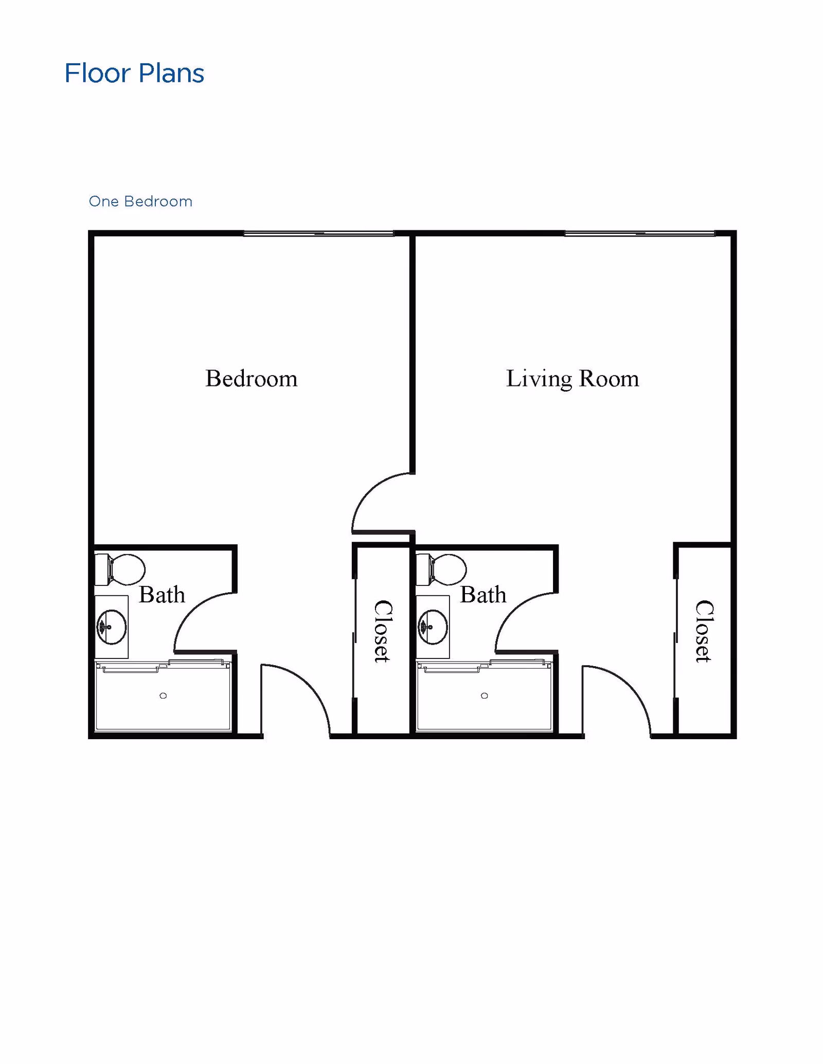 Floor plan layout of a one-bedroom unit showing a bedroom, living room, two bathrooms, and two closets.