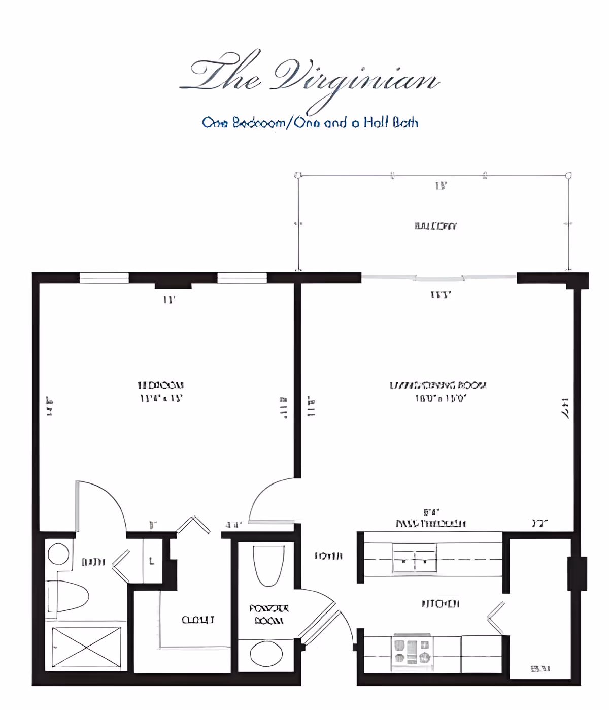 Floor plan titled 'The Virginian' showing a one-bedroom apartment with one and a half baths. The layout includes a bedroom, a living/dining room, a kitchen with a pass-through, a full bathroom, a powder room, and a closet.