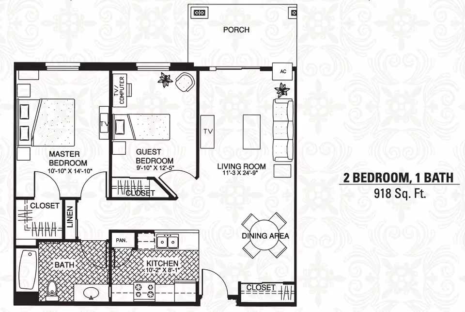 Floor plan of a 2 bedroom, 1 bath apartment with a total area of 918 square feet. The layout includes a master bedroom with closet, a guest bedroom with closet, a bathroom, a kitchen with pantry, a living room with TV and seating, a dining area with a round table and four chairs, and a porch. Additional closets and linen storage are also shown.