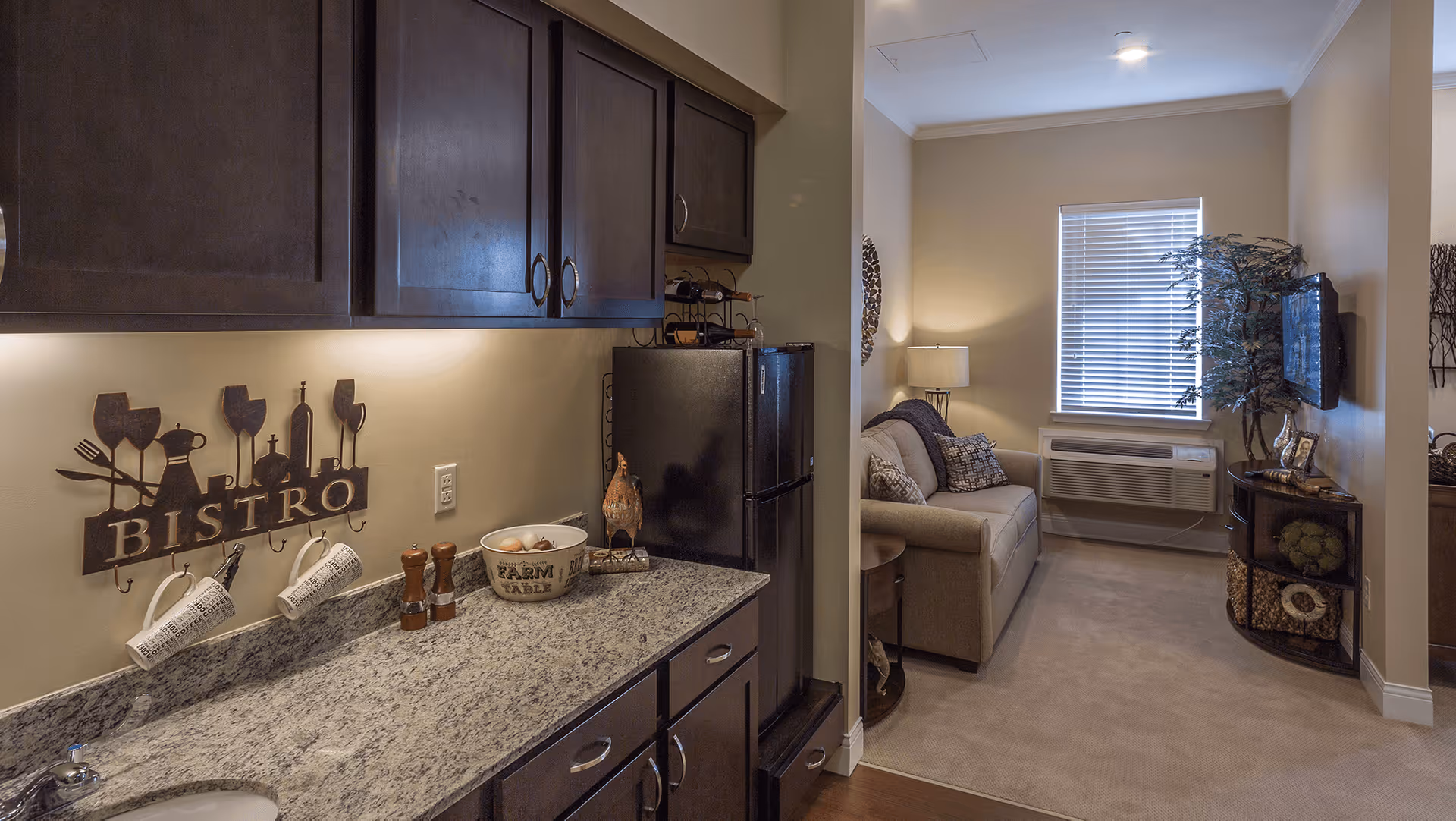 Interior view of a senior living facility showing a small kitchen area with dark cabinets, granite countertop, and a black refrigerator. The kitchen counter has decorative items including a 'BISTRO' wall hanging with hooks holding mugs, salt and pepper shakers, and a bowl labeled 'FARM TABLE'. Adjacent to the kitchen is a cozy living room with a beige sofa, side table with a lamp, a window with blinds, a wall-mounted TV, and a corner shelf with decorative items and a potted plant.