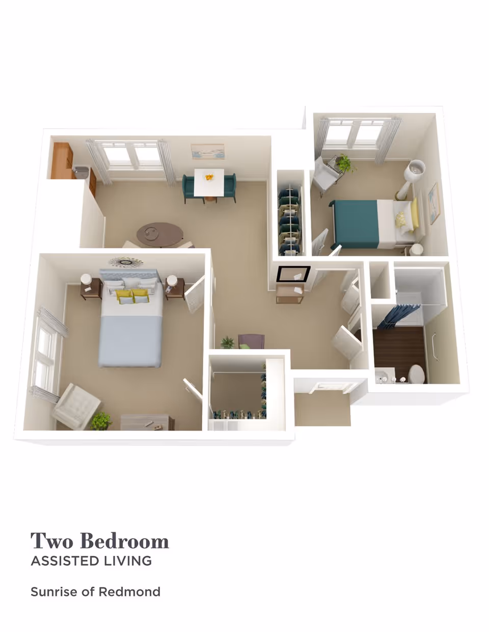 3D floor plan of a two-bedroom assisted living apartment at Sunrise of Redmond, showing two bedrooms, a living area with a small dining table, a kitchen, a bathroom with a shower, and closets.