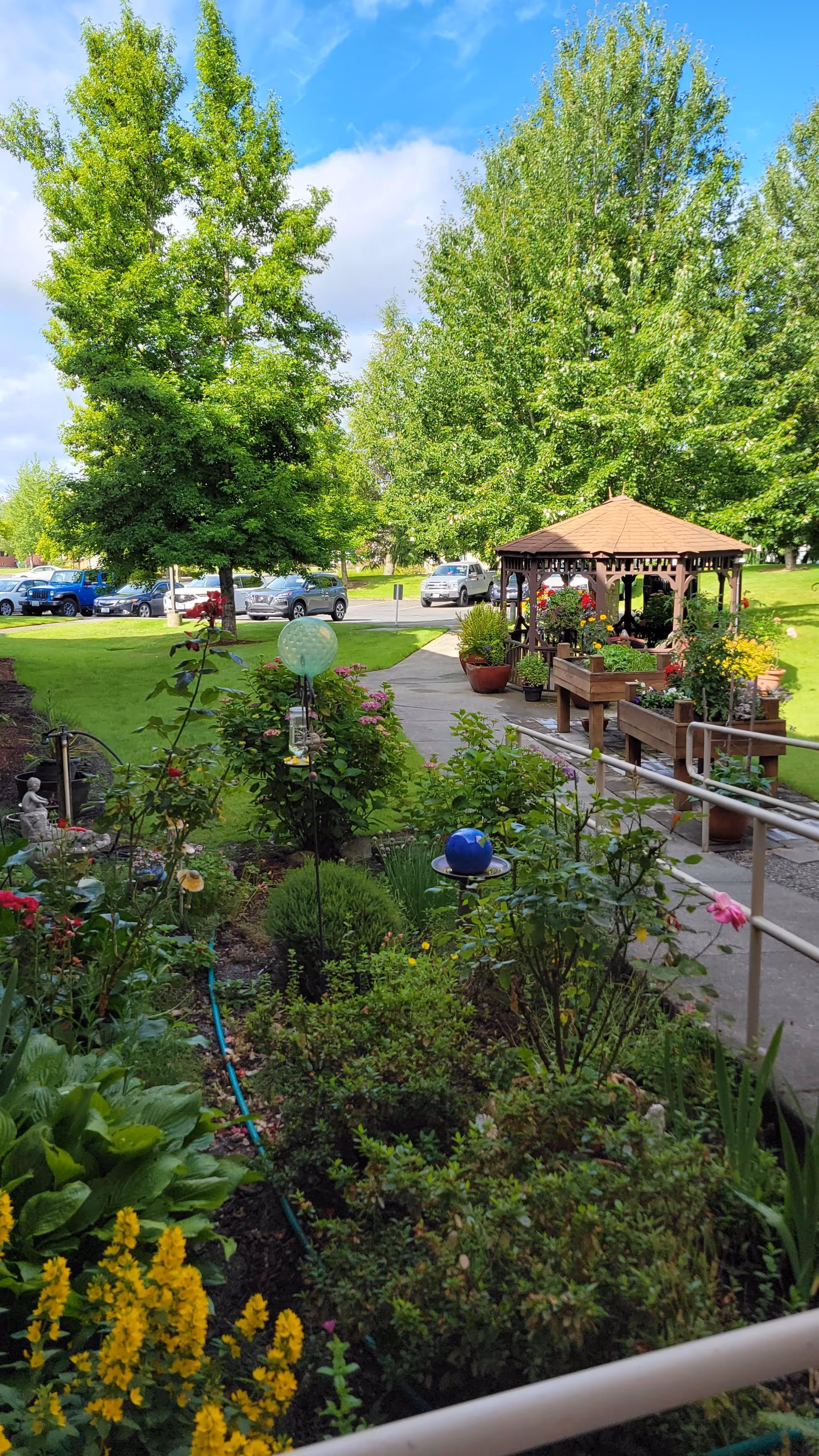 A vibrant outdoor garden area with various flowering plants and shrubs, a paved walkway leading to a wooden gazebo filled with more plants, and several parked cars in the background under a partly cloudy blue sky.