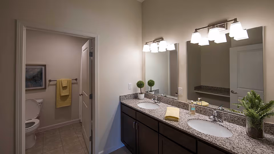 A bathroom with a double sink vanity featuring granite countertops, two mirrors, and overhead lighting. There are small decorative plants and a yellow towel on the counter. In the background, a separate toilet area is visible with a yellow towel hanging on a towel rack and a framed picture on the wall.
