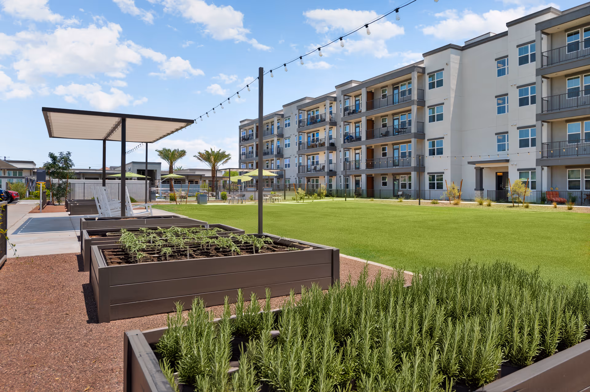 Courtyard with raised garden beds, a grassy lawn, shaded seating area and a multi-story apartment building in the background.