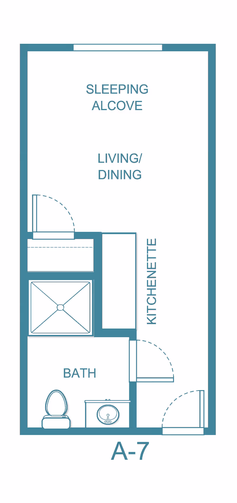 Floor plan labeled A-7 showing a small living space with a sleeping alcove, living/dining area, kitchenette, and a bathroom with a toilet, sink, and shower.