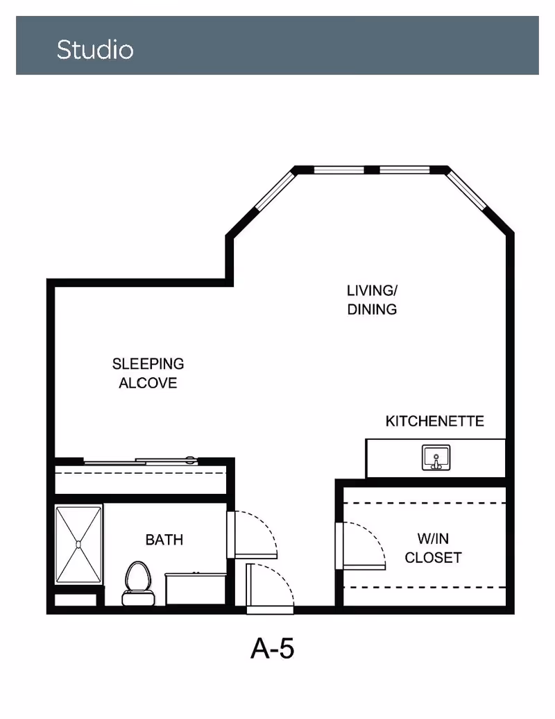 Floor plan of a studio apartment labeled A-5 showing a sleeping alcove, bath with shower and toilet, living/dining area, kitchenette with sink, and a walk-in closet.