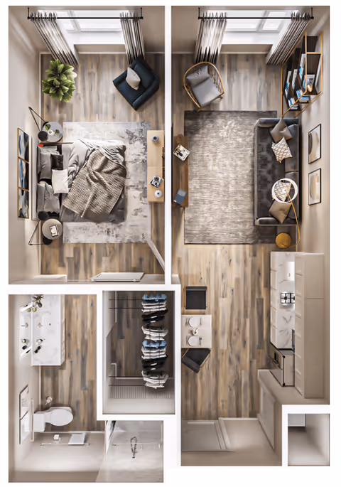 Top-down view of a senior living apartment layout featuring a bedroom with a bed, nightstands, and a plant; a living room with a sofa, armchair, bookshelf, and coffee table; a kitchen area with cabinets and appliances; a bathroom with a toilet and sink; and a walk-in closet with hanging clothes.