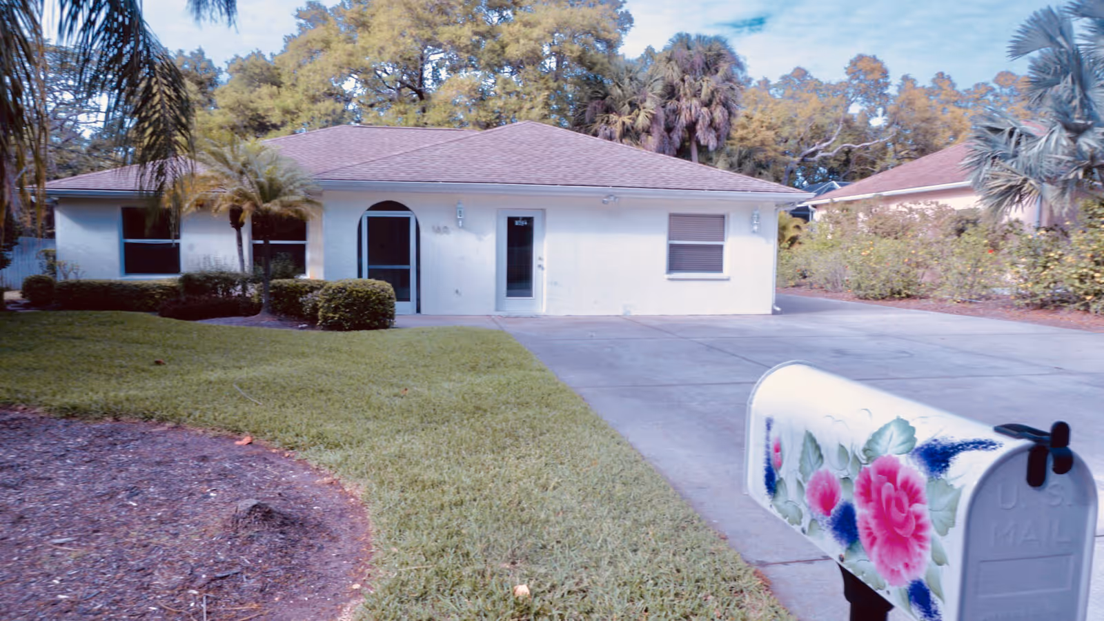 Single-story ranch-style house with a driveway, lawn and palm trees, and a painted floral mailbox in the foreground.