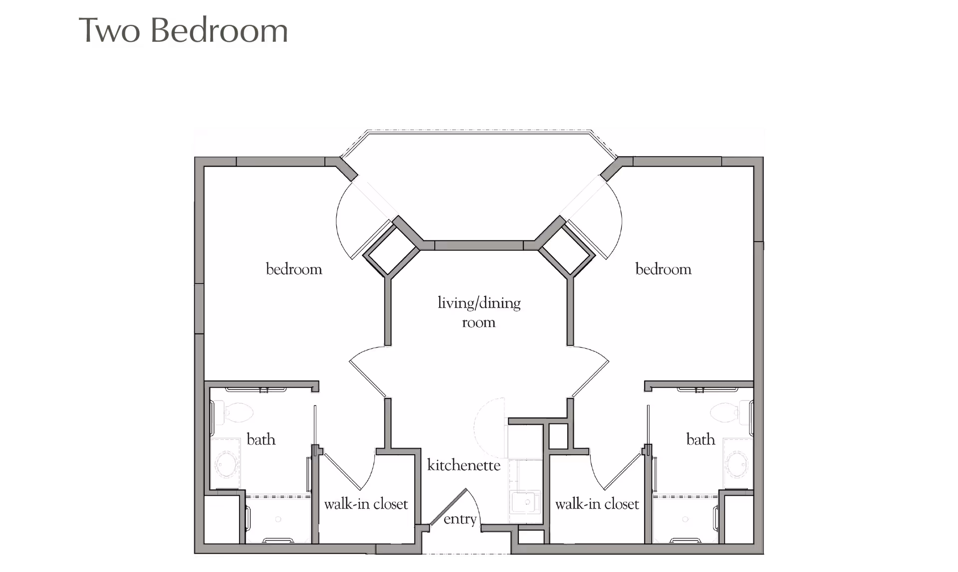 Floor plan of a two-bedroom apartment featuring two bedrooms, each with a walk-in closet and a bathroom. The central area includes a living/dining room and a kitchenette near the entry.
