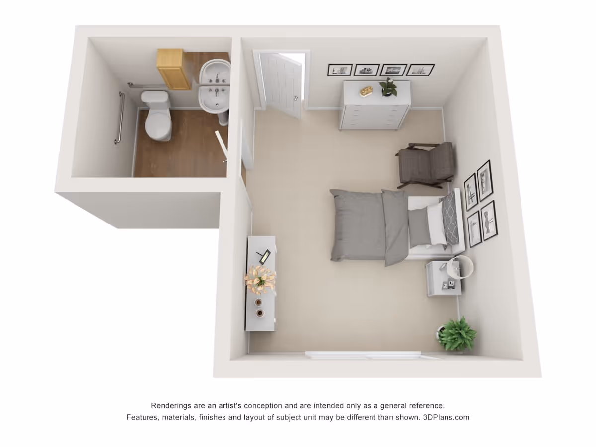 3D floor-plan view of a small studio apartment with a bed, dresser, chair, side table, and an attached bathroom.
