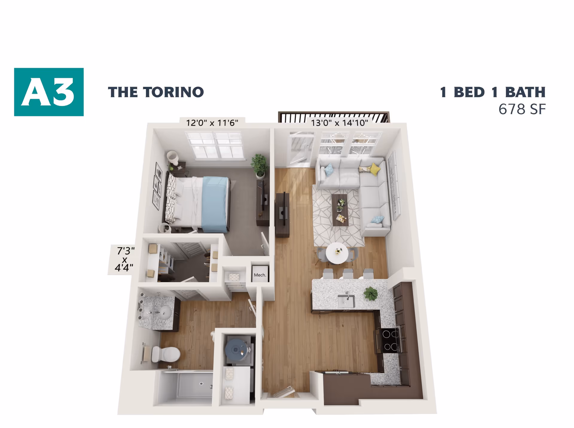 3D floor plan of a one-bedroom, one-bath apartment named The Torino, featuring a bedroom measuring 12'0" x 11'6", a living room measuring 13'0" x 14'10" with a sectional sofa and TV, an open kitchen with a breakfast bar and stools, a dining table with chairs, a bathroom with a shower, and a small laundry area. The total area is 678 square feet.