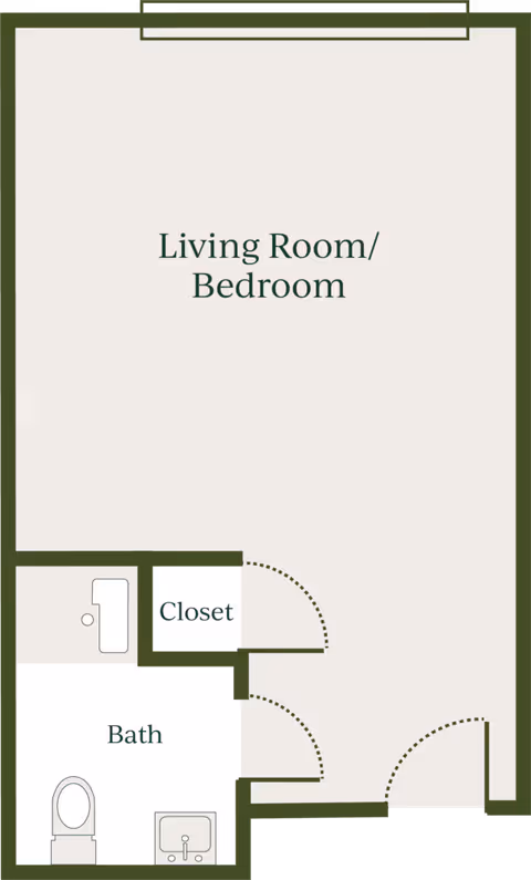 Floor plan layout showing a combined living room and bedroom area with an adjacent closet and a bathroom that includes a toilet, sink, and bathtub.
