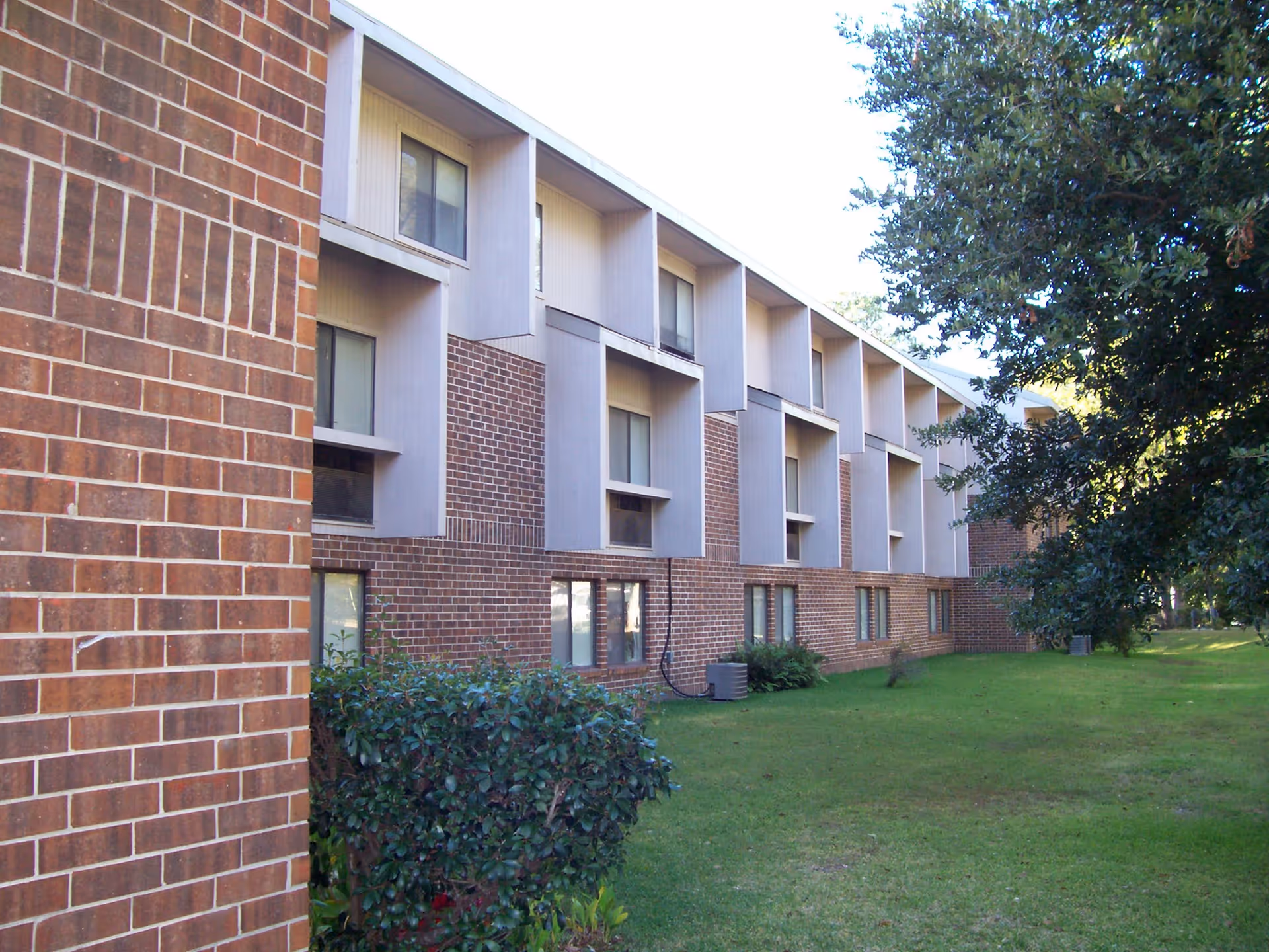 Exterior view of a multi-story brick apartment building with several windows and a green lawn with bushes and a large tree in front.