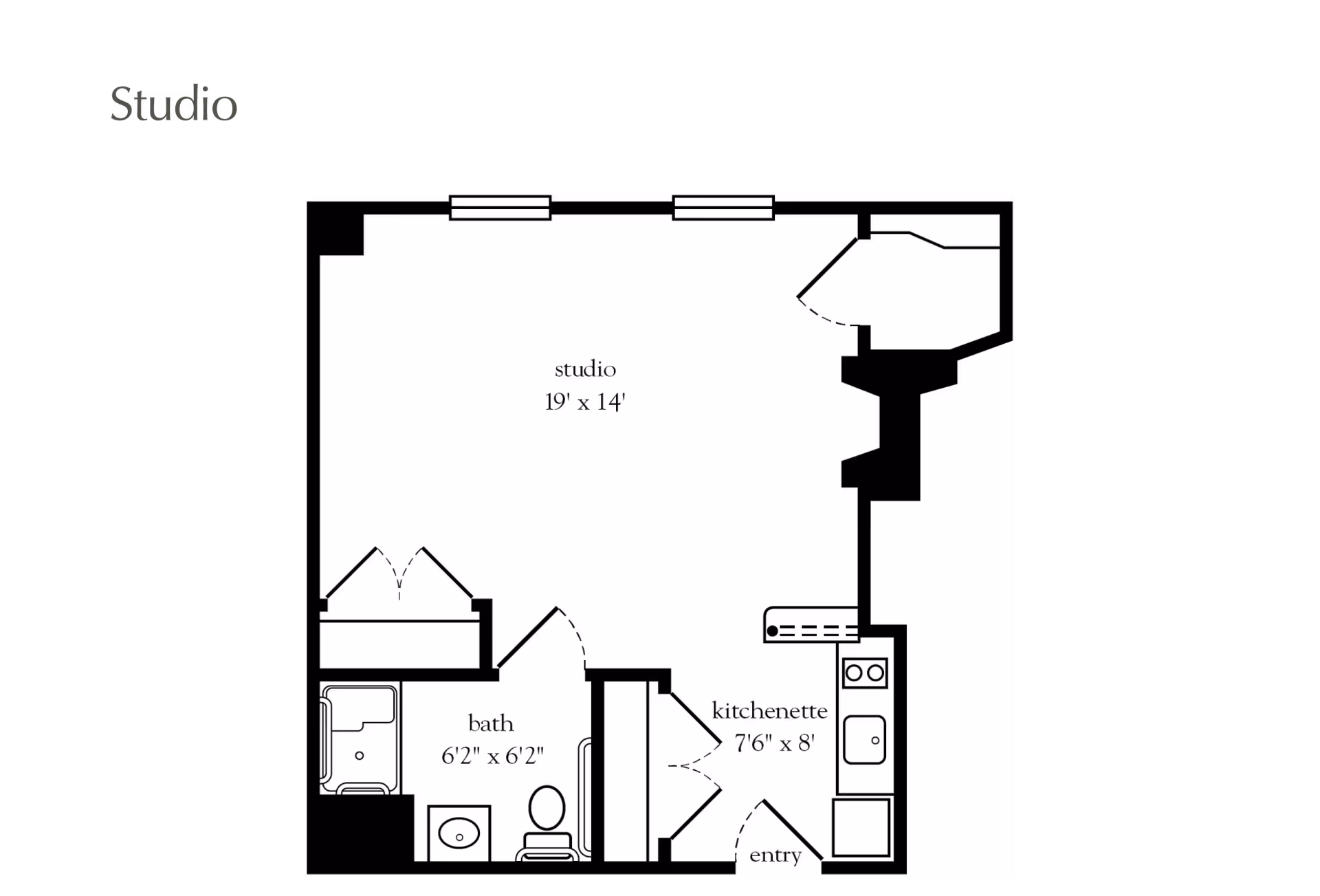 Floor plan of a studio apartment at Atria Harborhill showing a main studio area measuring 19 feet by 14 feet, a bath measuring 6 feet 2 inches by 6 feet 2 inches, and a kitchenette measuring 7 feet 6 inches by 8 feet. The layout includes an entry, bathroom with toilet and sink, and kitchenette with stove and sink.