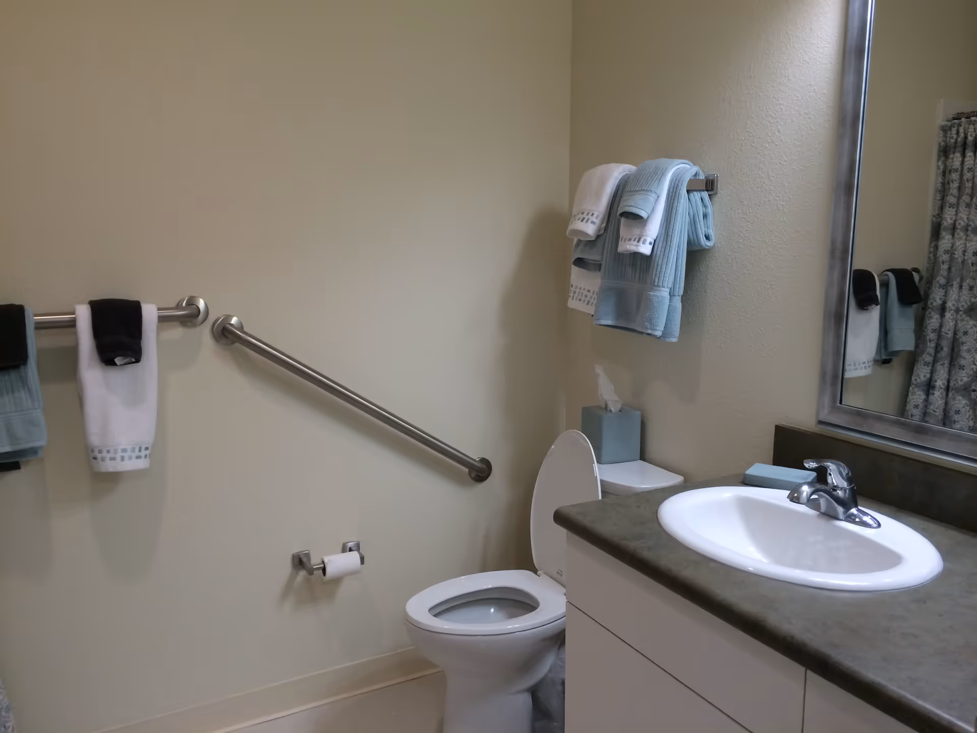 A clean bathroom with a white toilet, a sink with a countertop, a large mirror, and several towels hanging on metal bars. There is a tissue box on the toilet tank and a shower curtain partially visible in the mirror.