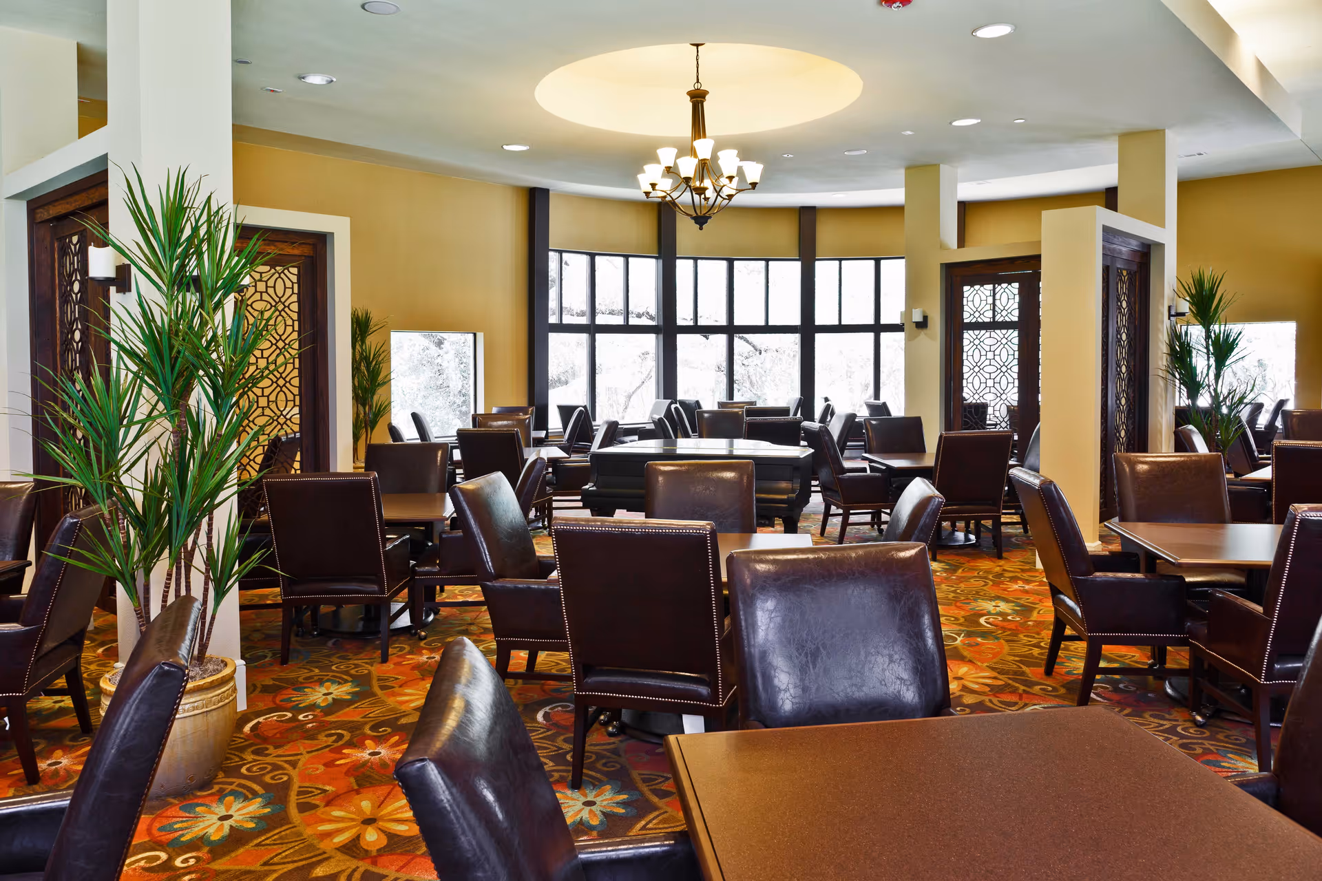 A spacious dining room with multiple dark brown leather chairs and square tables arranged neatly on a colorful floral carpet. Large windows in the background allow natural light to fill the room, and there are decorative plants and a chandelier hanging from the ceiling.
