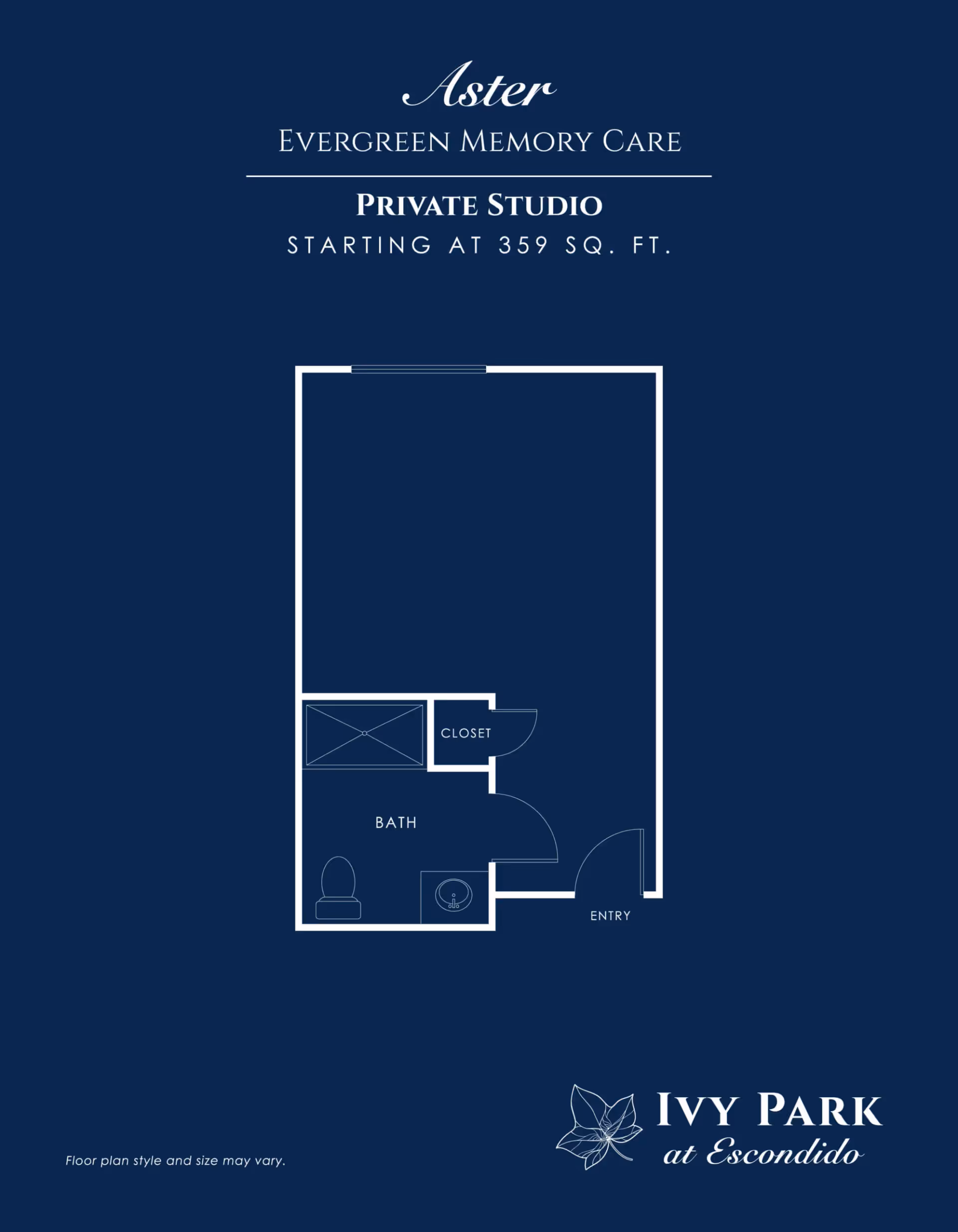 Floor plan of a private studio apartment at Ivy Park at Escondido, Evergreen Memory Care. The layout includes an entryway leading to a main living area, a bathroom with a toilet, sink, and shower, and a closet adjacent to the bathroom.
