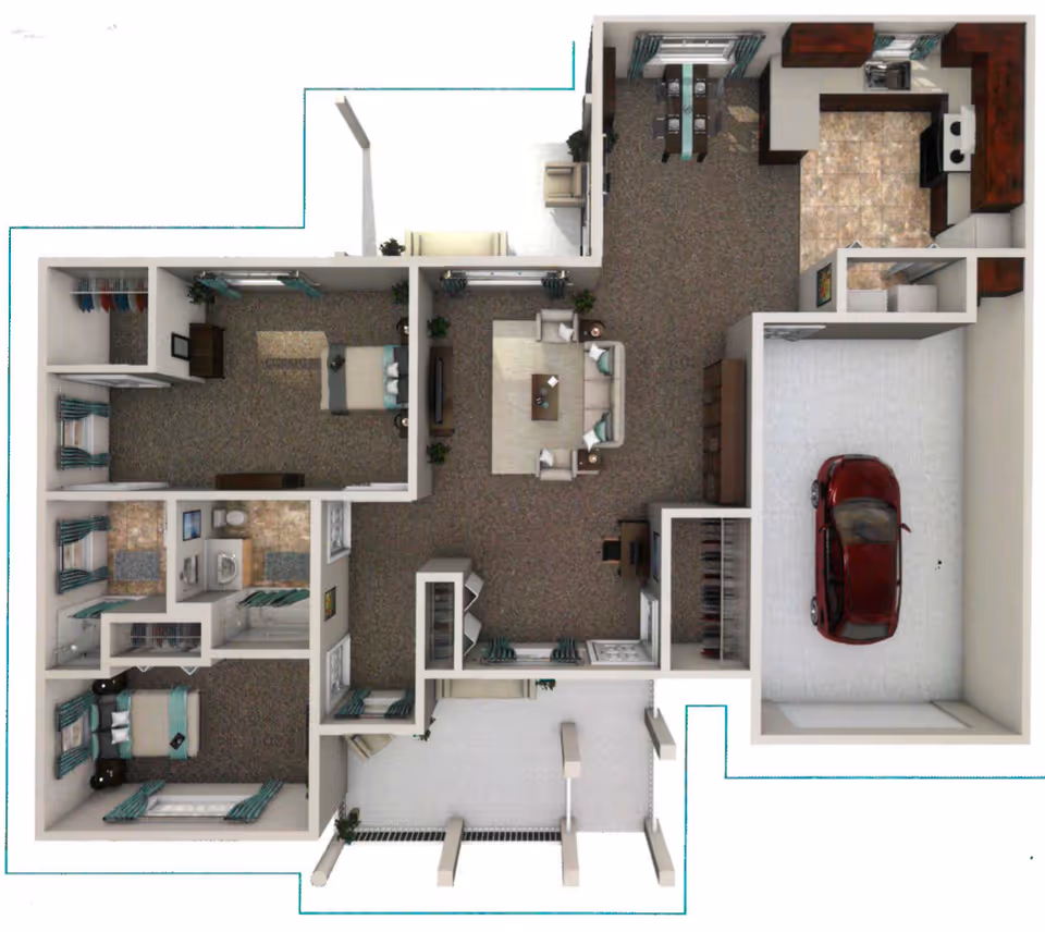 Top-down view of a residential floor plan showing two bedrooms, a living room with seating, a dining area, a kitchen, a bathroom, closets, a garage with a red car, and an outdoor porch area.