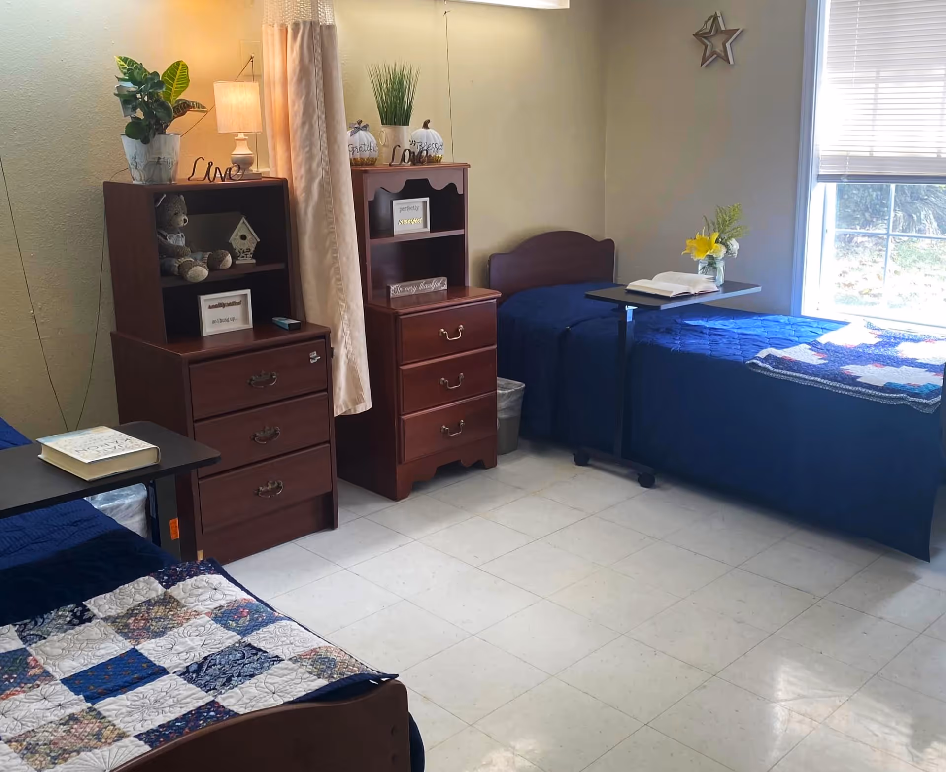 A nursing center bedroom with two single beds covered in blue bedding and patchwork quilts. Between the beds are two wooden dressers with shelves, decorated with plants, a lamp, and small decorative items. A window with blinds lets in natural light on the right side of the room.