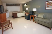 A well-lit room with a hospital-style bed, a green striped sofa, a green armchair, a wooden side table with a lamp, a wooden chair, a television on a wooden stand, and a framed picture on the wall.