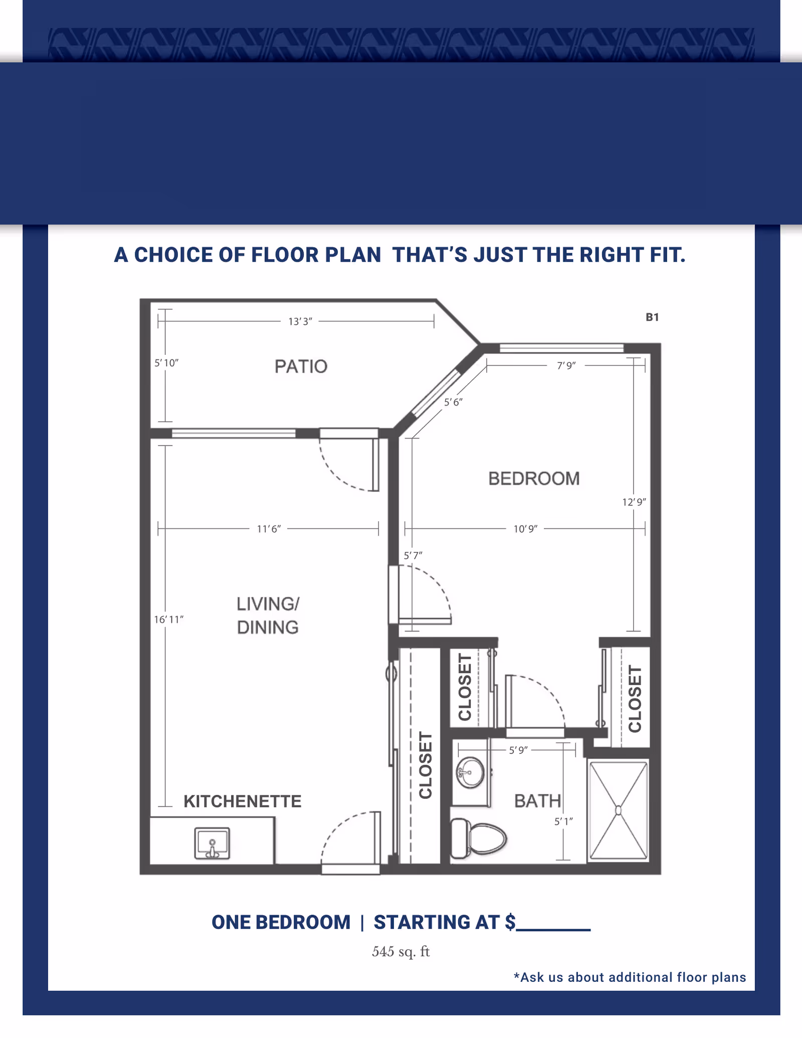 Floor plan of a one-bedroom apartment at University Pines - Sky Active Living, showing a patio, living/dining area, kitchenette, bedroom with two closets, and a bathroom with a shower, toilet, and sink. Dimensions for each room and area are included.