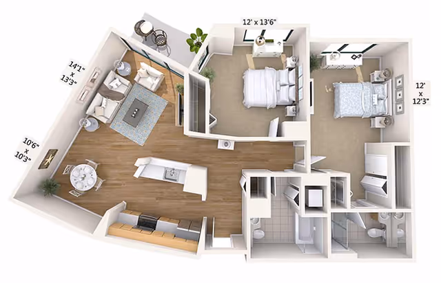 3D floor plan of a two-bedroom apartment featuring a living room with seating and a coffee table, a dining area with a round table and chairs, an open kitchen with an island, two bedrooms each with a bed and nightstands, a bathroom with a bathtub, and a separate toilet area. The layout includes dimensions for the living room, dining area, and bedrooms.