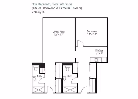 Black-and-white floor plan of a one-bedroom, two-bath 720 sq. ft. suite showing a living area, bedroom, kitchen, and two bathrooms with room dimensions.