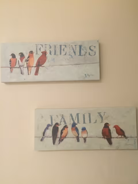Two rectangular wall art pieces featuring birds sitting on wires. The top artwork has five birds and the word 'FRIENDS' above them. The bottom artwork has seven birds and the word 'FAMILY' above them. Both artworks have a light, neutral background and are mounted on a beige wall.
