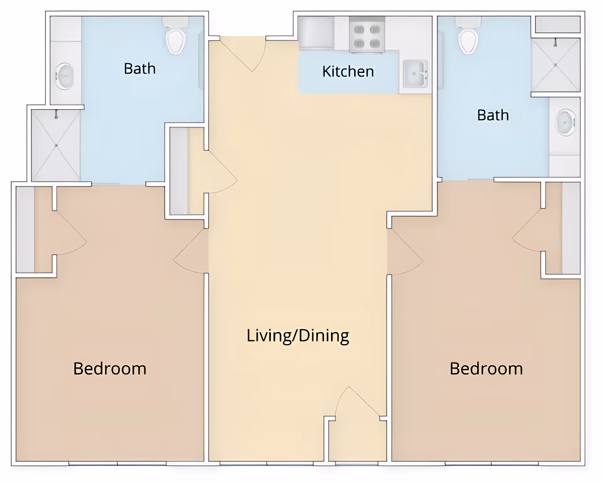 Colored floor plan showing a two-bedroom apartment with a central living/dining area, kitchen at the top, and two bathrooms.
